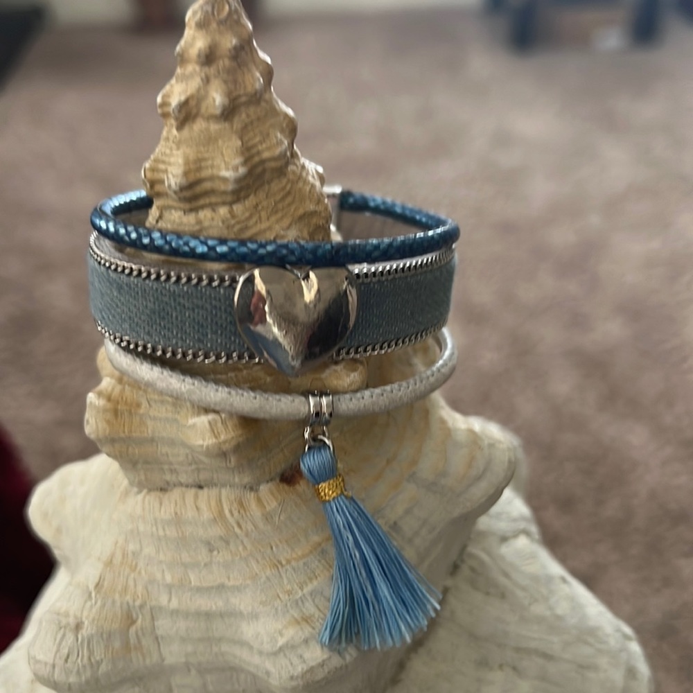 Denim Colored Triple Band Bracelet W/Heart and Tassel & Magnetic Closure